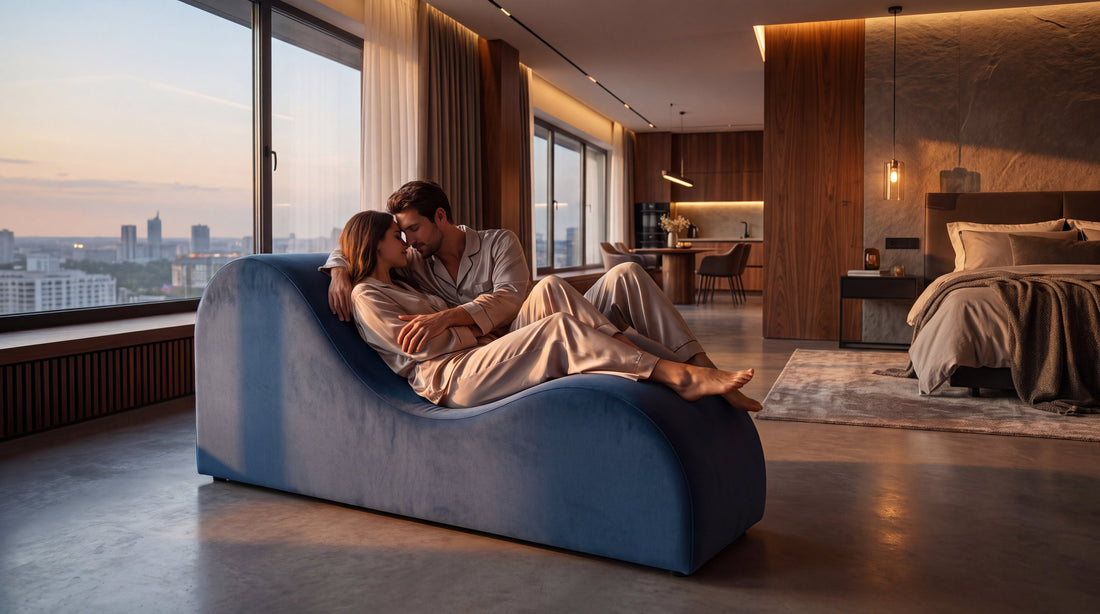 Coppia che sperimenta le posizioni ergonomiche sul Divano Tantra originale in una suite moderna